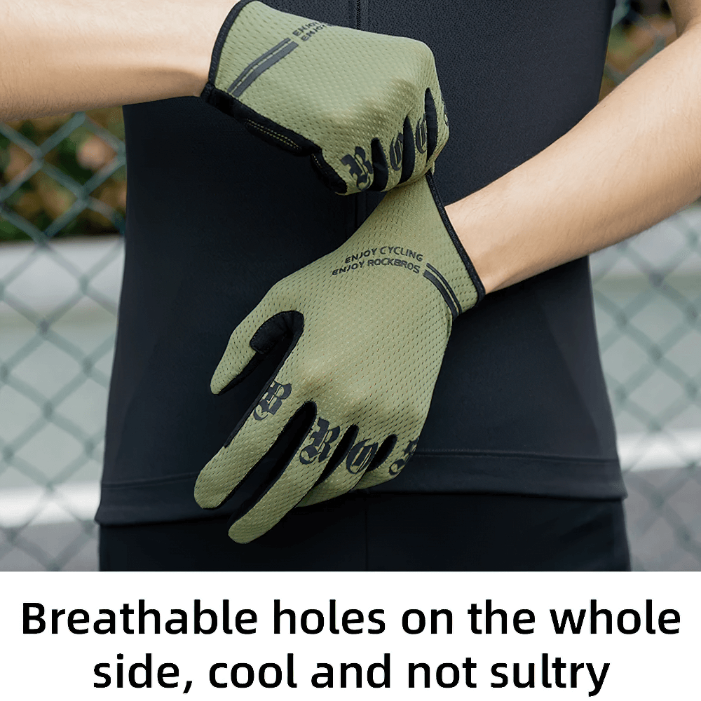 Cyclist wearing green full-finger cycling gloves with touchscreen capability, perfect for breathable comfort during outdoor rides.