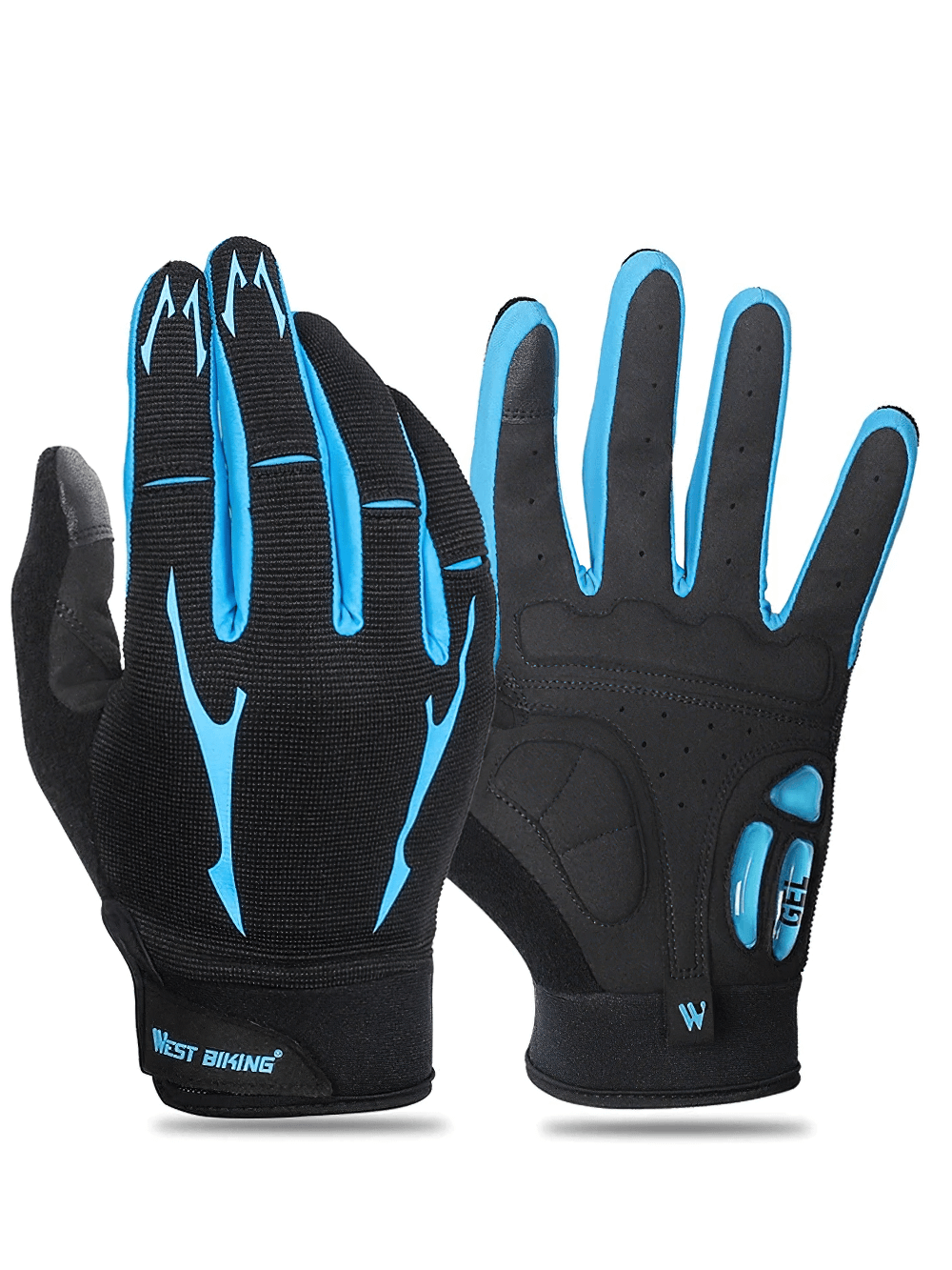 Black and blue cycling gloves with full finger coverage, featuring breathable material and secure grip for summer rides.