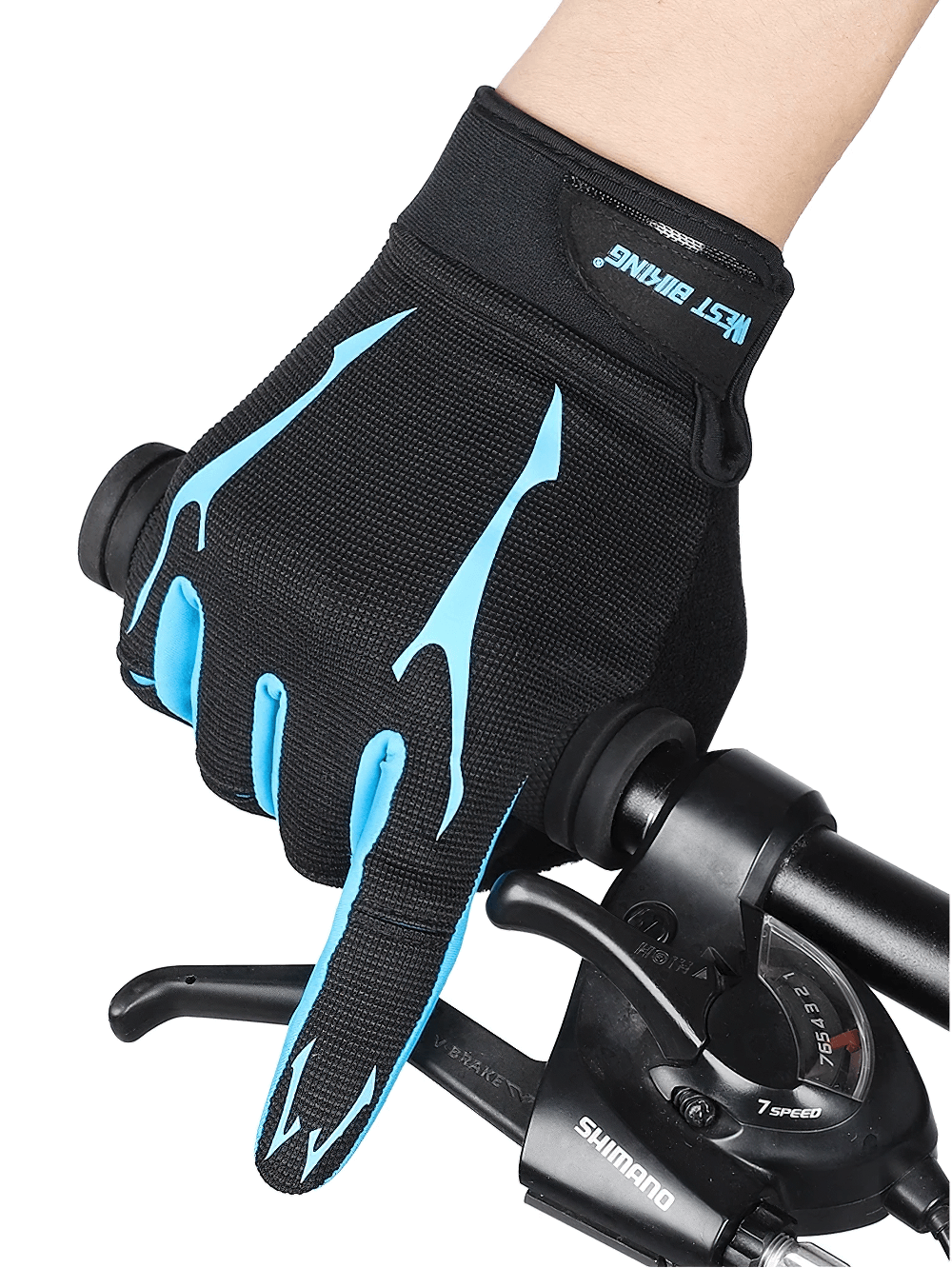 Cycling gloves with gel padding and touchscreen fingers, offering a non-slip grip, perfect for summer bike rides.