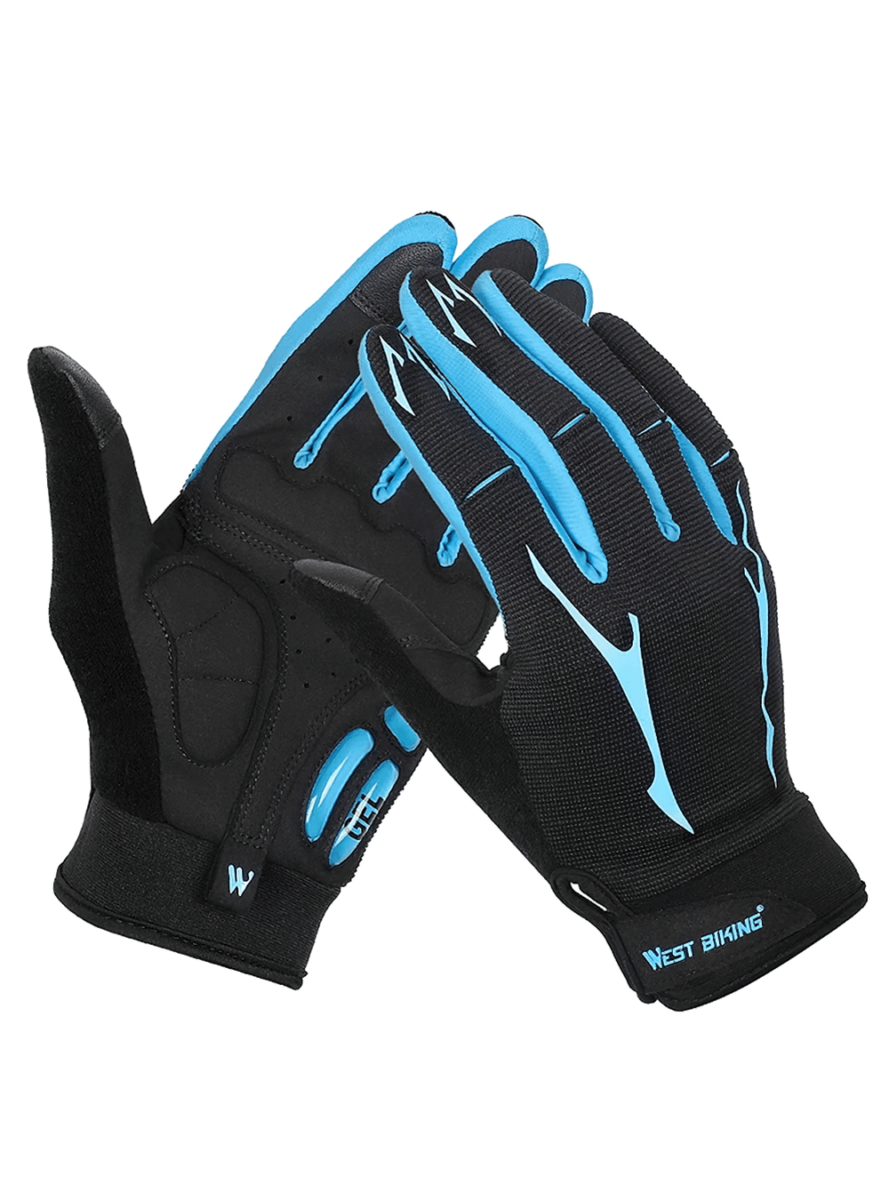 Black and blue cycling gloves with gel padding for full-finger protection and touchscreen compatibility, ideal for summer riding.