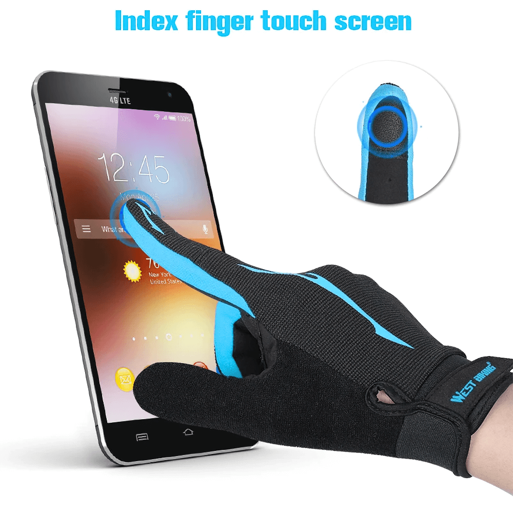 Cycling glove with touchscreen compatibility, demonstrating use on a smartphone screen. Perfect for summer riding!