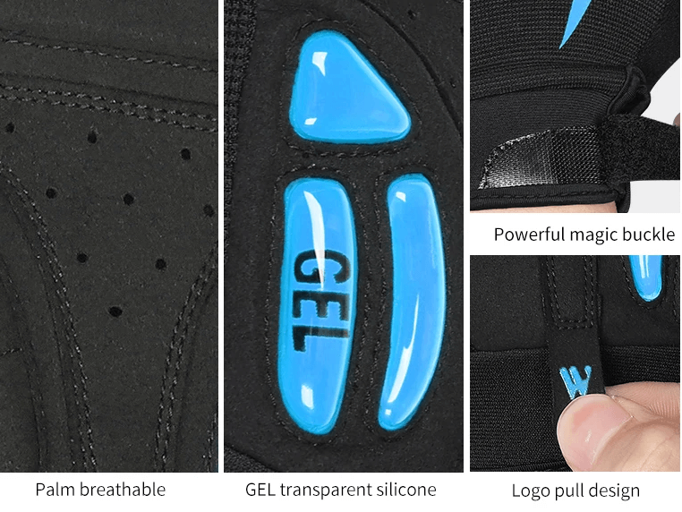 Close-up of breathable palm, gel silicone padding, and magic buckle design on cycling gloves SF2606.