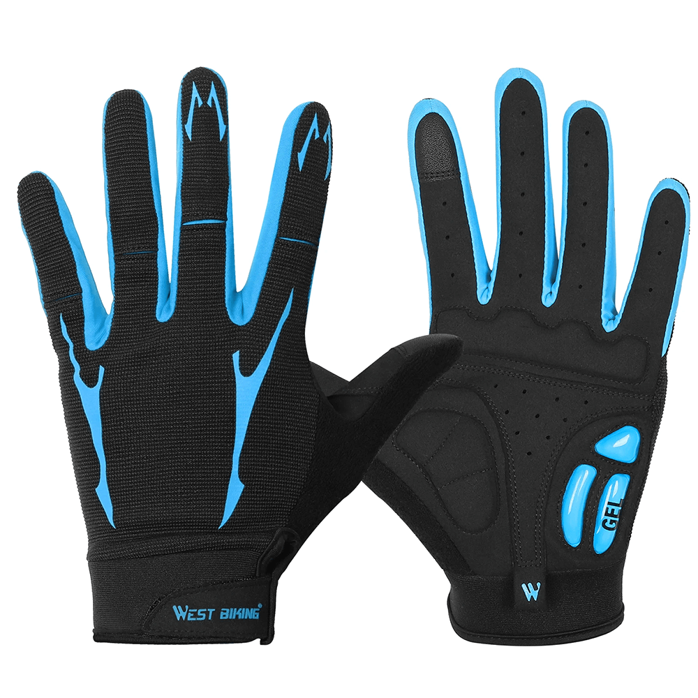 Cycling gloves with gel padding and touchscreen feature for secure grip and comfort in blue and black, ideal for summer biking.