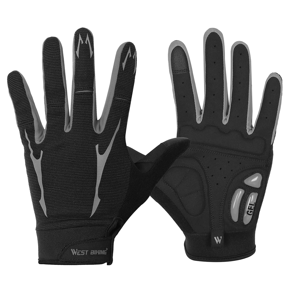 Black cycling gloves with gel padding, breathable material, and touchscreen compatibility for a secure grip.