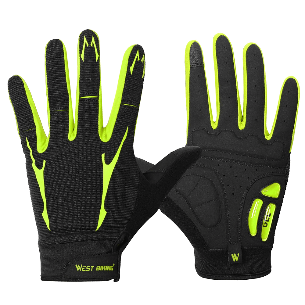 Full-finger cycling gloves with breathable fabric and neon accents for enhanced grip and comfort during bike rides.