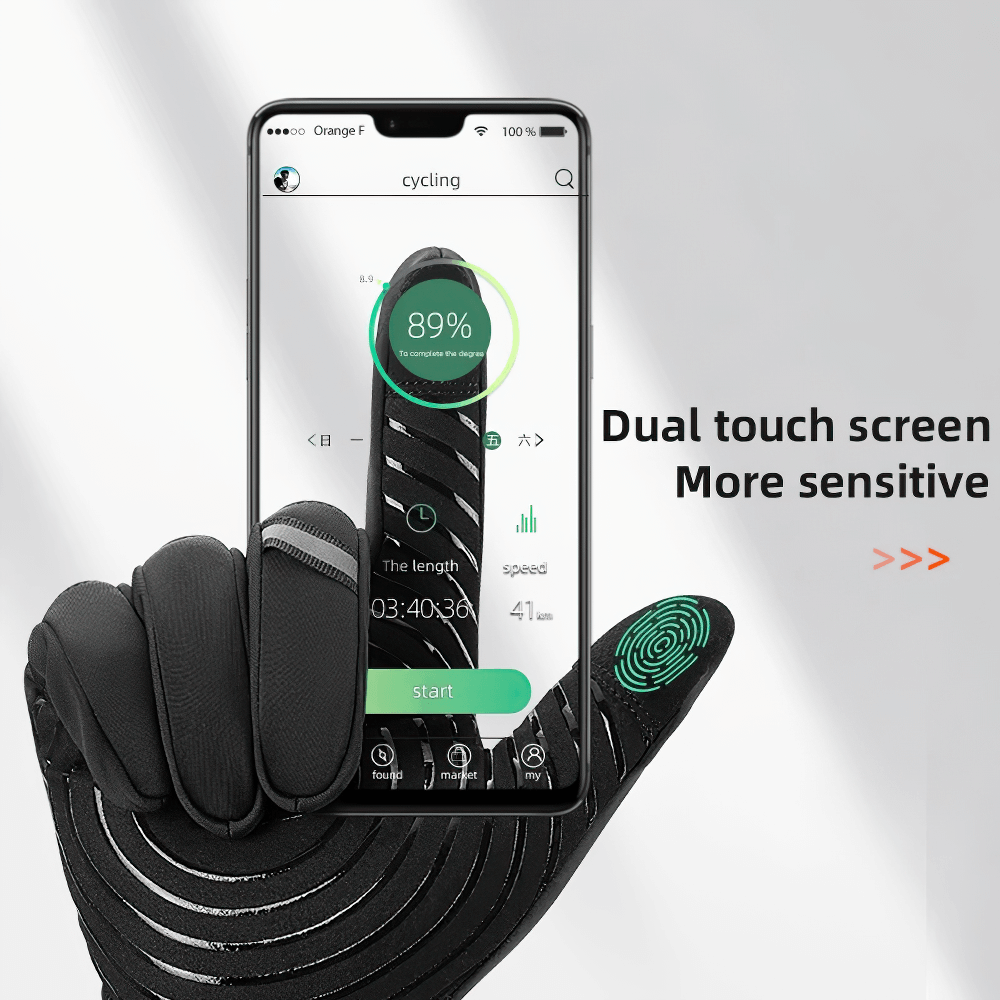 Cycling gloves touchscreen compatible with anti-slip grip, perfect for winter rides. Ideal for mobile use during cold weather.