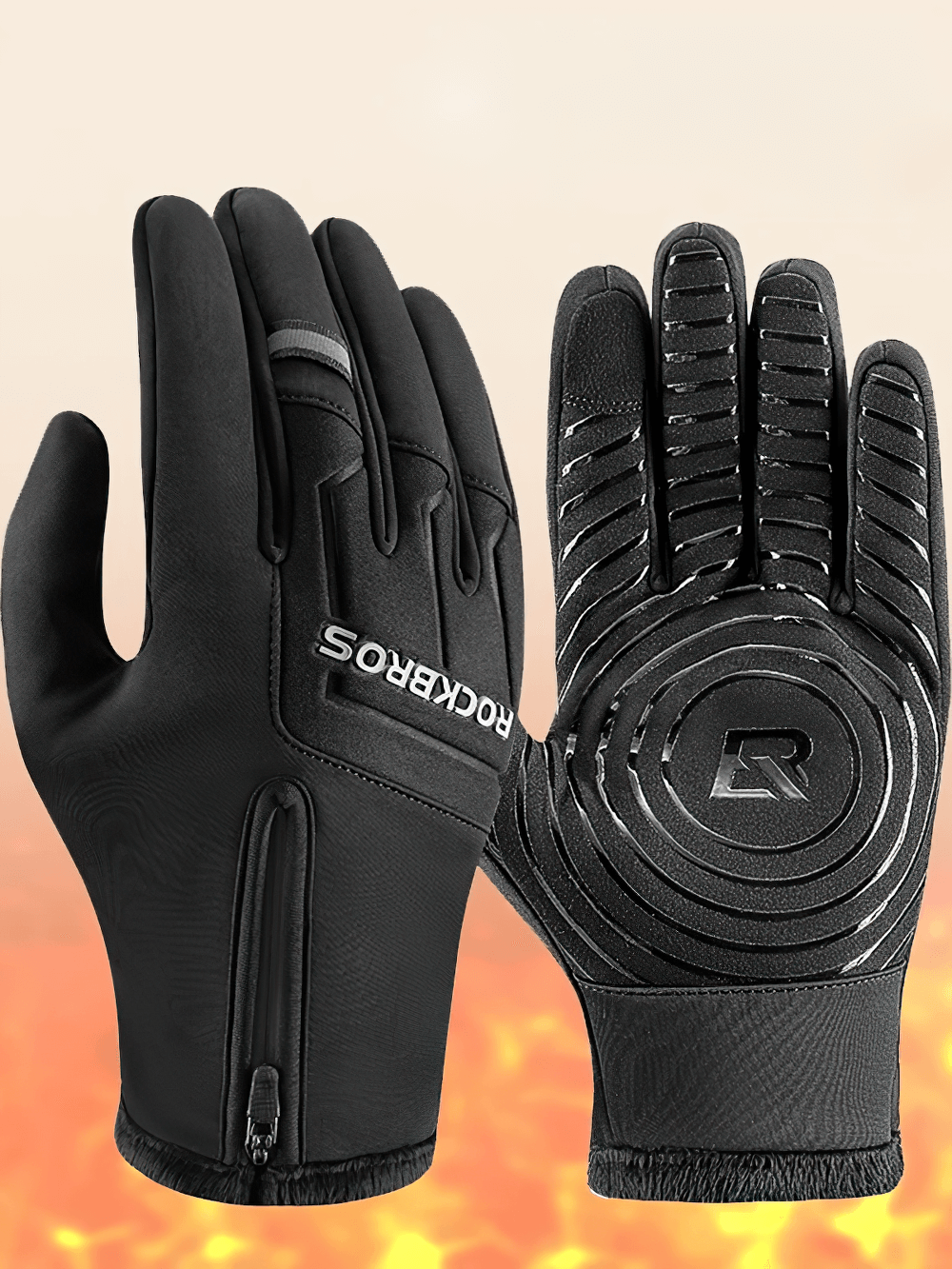 Black cycling gloves with full fingers, touchscreen tips, and anti-slip silicone palm grips against a warm background.