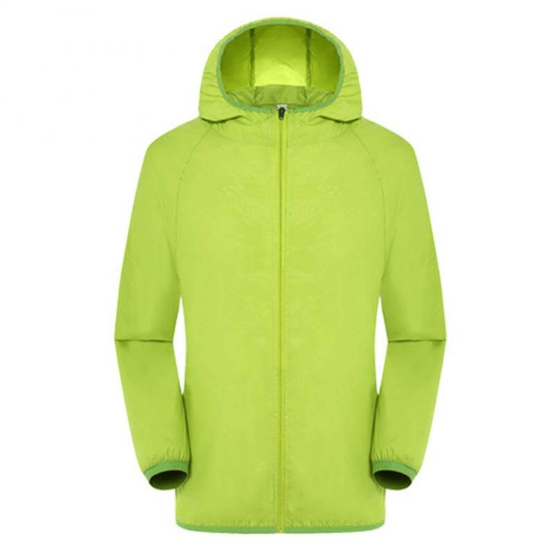 Bright green cycling men's reflective windbreaker with hood, featuring quick-dry, lightweight, and waterproof materials. Style SF0159.