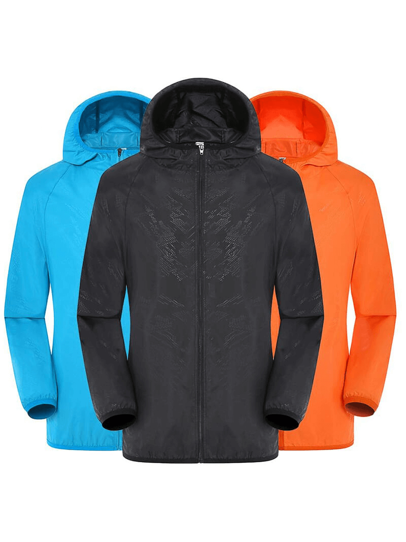 Cycling Men's Reflective Quick Dry Windbreaker with Hood in black, blue, and orange. Lightweight, breathable, and waterproof.
