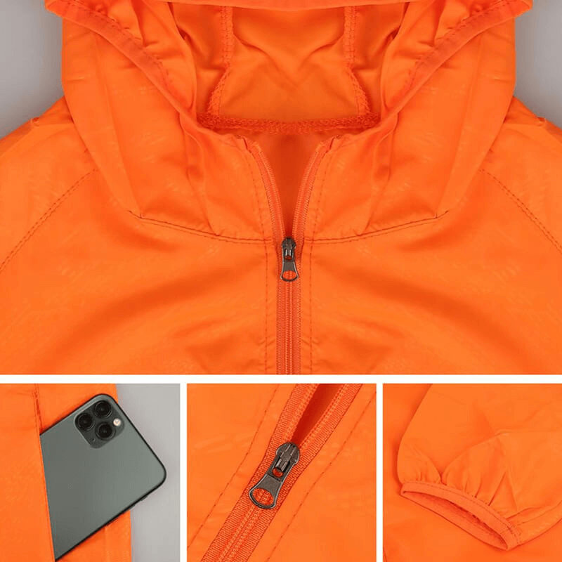 Orange Cycling Men's Reflective Quick Dry Windbreaker with hood, featuring waterproof zipper, pocket for essentials, elastic cuffs. SF0159