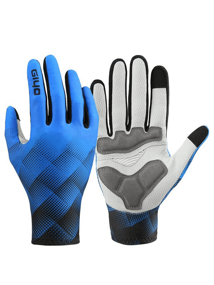 Cycling touchscreen full finger gloves in blue and gray for men and women, featuring breathable lycra and anti-slip grip - Model SF0513