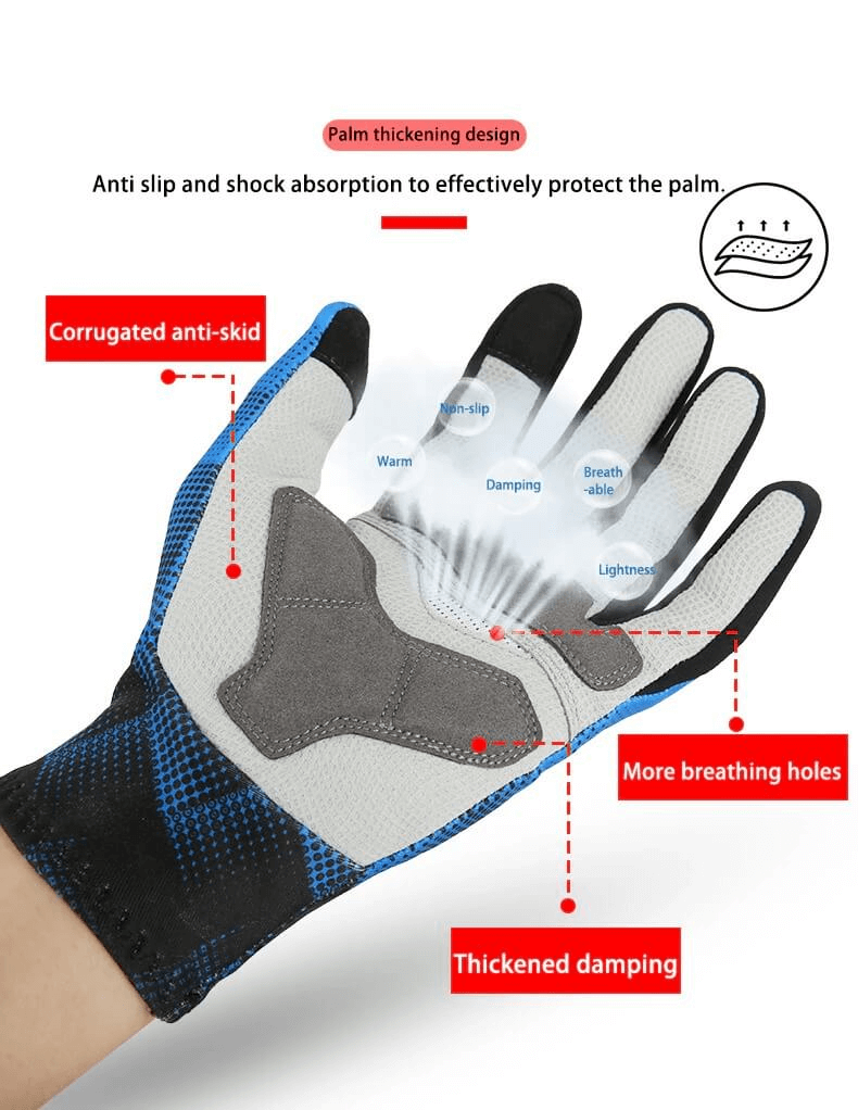 Cycling touchscreen full finger gloves with breathable, anti-slip design and palm thickening for extra comfort and safety.