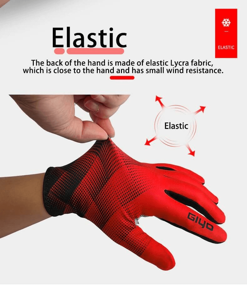 A person wearing red cycling touchscreen gloves made of elastic Lycra fabric, emphasizing elasticity and wind resistance properties.