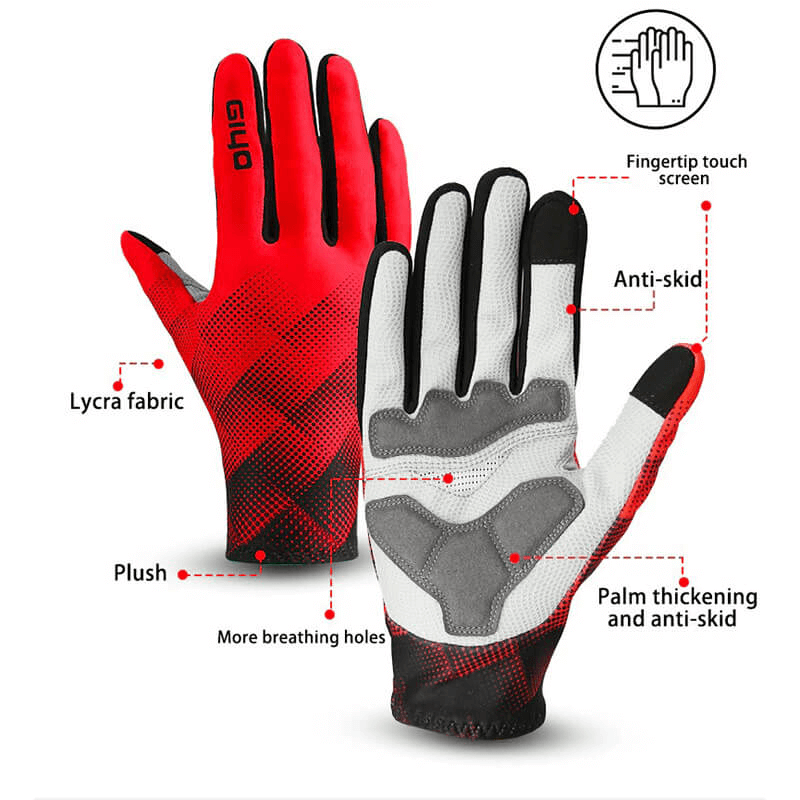 Cycling touchscreen full fingers gloves, red and black, with lycra fabric and anti-slip design for men and women, model SF0513.