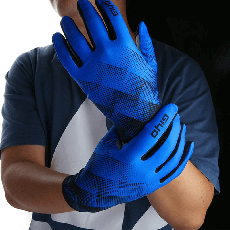Person wearing blue cycling touchscreen gloves with full fingers, highlighting breathable lycra and anti-slip features.