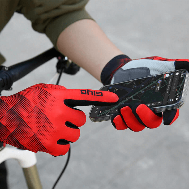 Cycling touchscreen full fingers gloves allowing phone use, breathable lycra fabric for men and women, anti-slip technology, red color.
