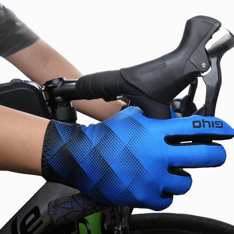 Cycling touchscreen full-finger gloves gripping bike handlebar for men and women, showing grip and touchscreen functionality.