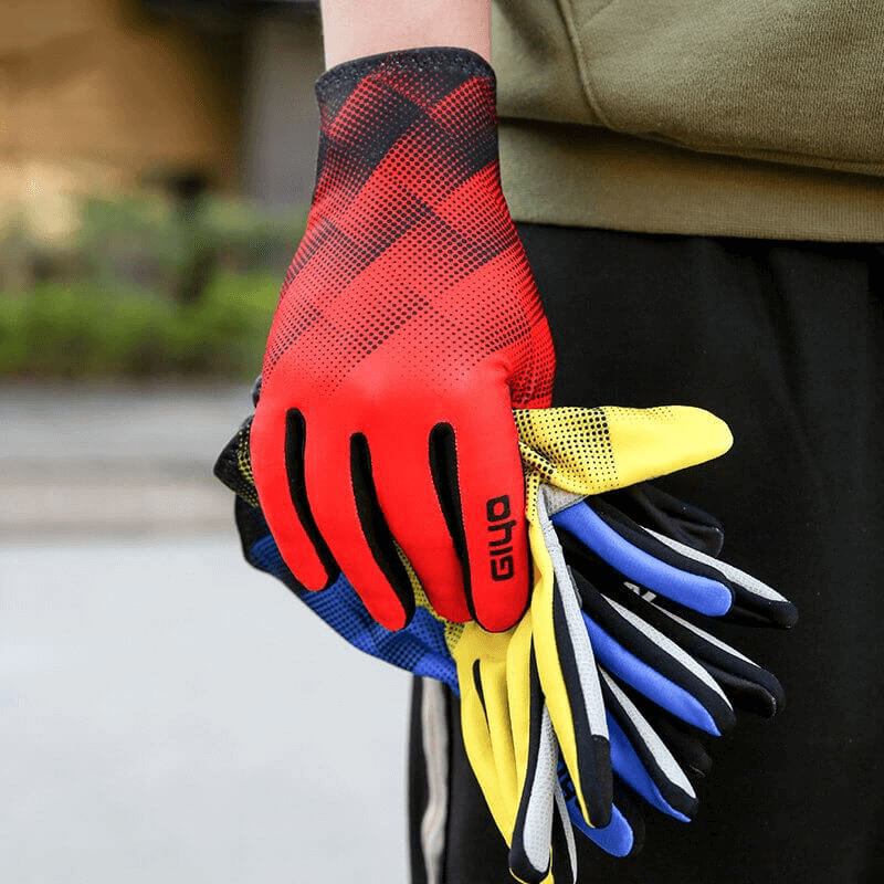 Colorful cycling touchscreen gloves with full fingers displayed in hand, featuring breathable lycra and spandex material.