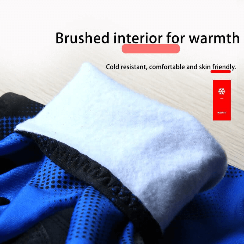 Close-up of blue cycling gloves with brushed interior for warmth, showcasing cold resistance and comfort features.