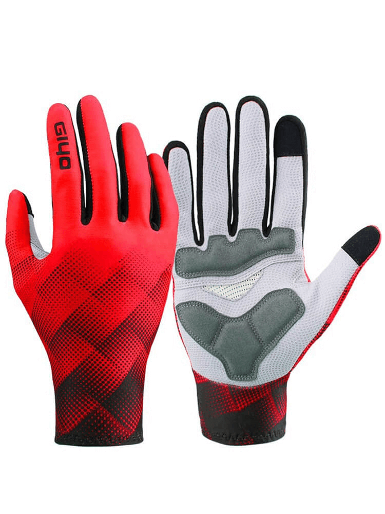 Cycling touchscreen full fingers gloves in red and gray with anti-slip and breathable design for men and women, SF0513 model.