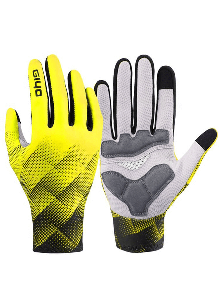 Yellow and grey cycling touchscreen gloves for men and women, featuring anti-slip material and breathable fabric for added comfort.