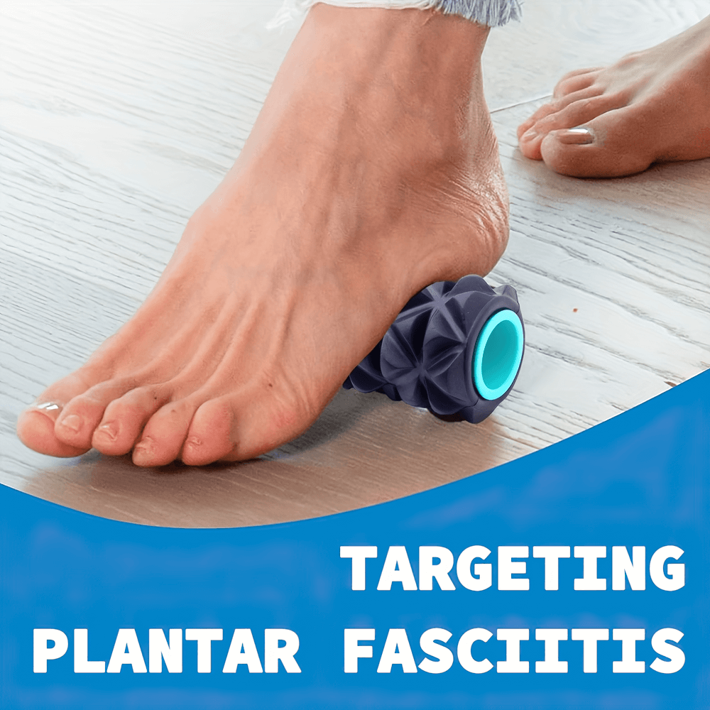 Foot using Deep Tissue Massage Roller for plantar fasciitis relief on wooden floor, highlighting target area.