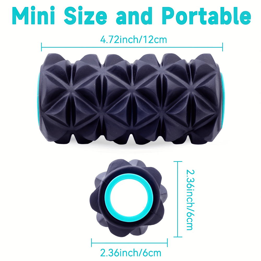 Mini size, portable massage roller SF2824, 4.72x2.36 inches, perfect for deep tissue foot and body relief, durability showcased.