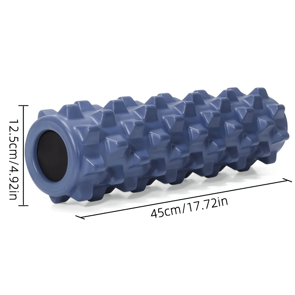 Textured blue Deep Tissue Yoga Foam Roller for Muscle Recovery - SF3487 shown with dimensions for deep muscle relaxation