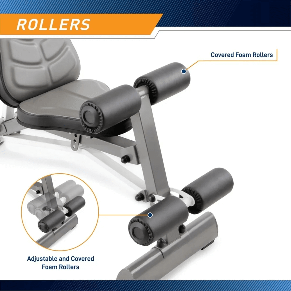 Close-up of the Deluxe Foldable Utility Bench for Home Workouts - SF3448 focusing on adjustable foam rollers.
