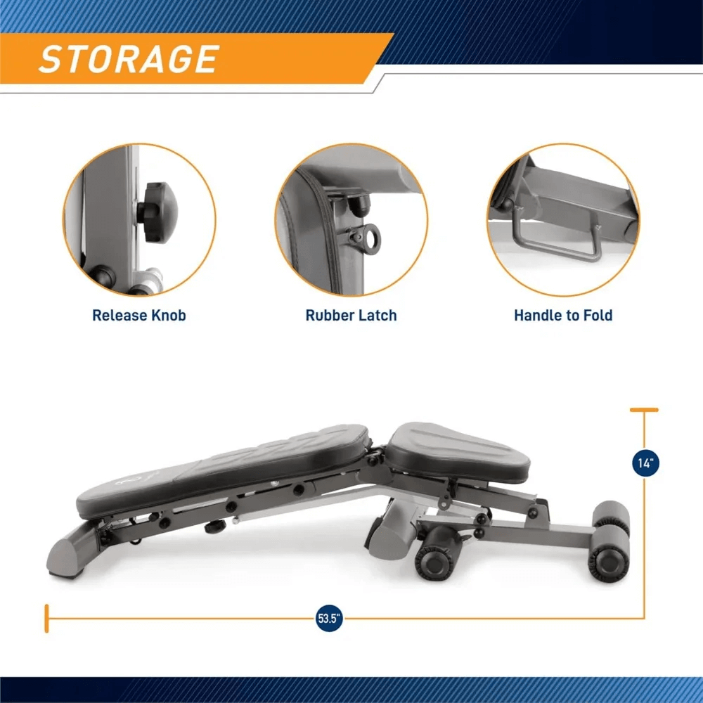 Storage features of Deluxe Foldable Utility Bench for Home Workouts - SF3448 with release knob, rubber latch, and handle to fold.