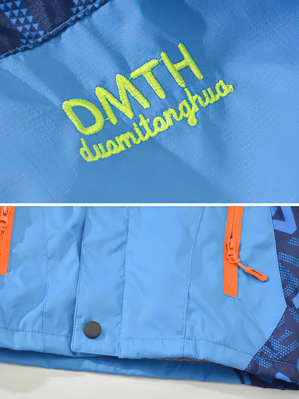 Close-up of Detachable Windbreaker Jacket with Fleece Lining - SF3713 featuring bright zippers and detailed embroidery on blue fabric.