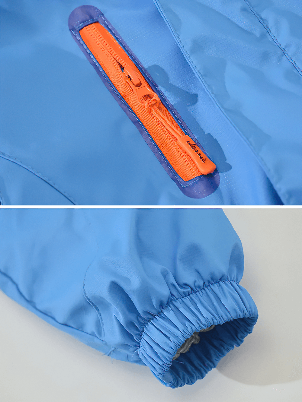 Close-up of Detachable Windbreaker Jacket with Fleece Lining - SF3713 showing bright zipper and elastic cuff for kids' outdoor adventures.