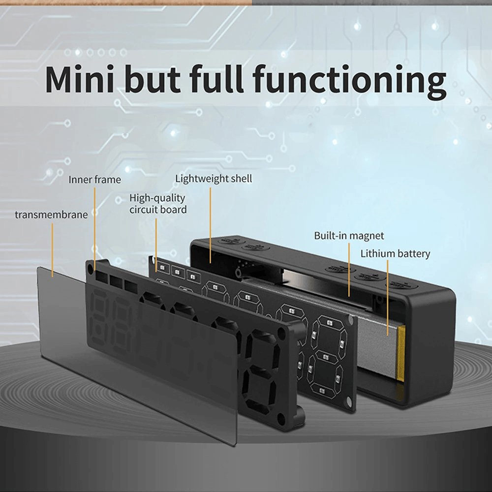 Exploded view of Digital Countdown Clock SF3080 showing components like inner frame, lightweight shell, and lithium battery.