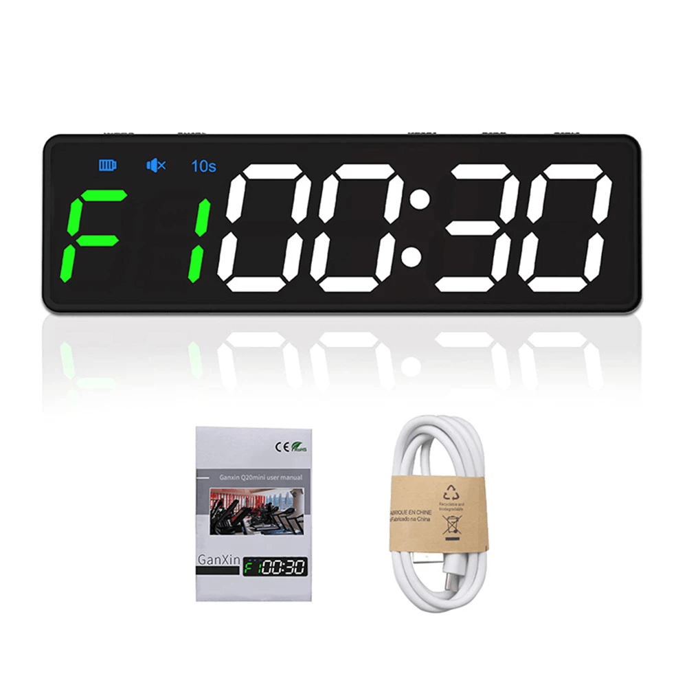 Digital Countdown Clock SF3080 with LED display, USB cable, and manual. Perfect for gym workouts with magnetic mount.