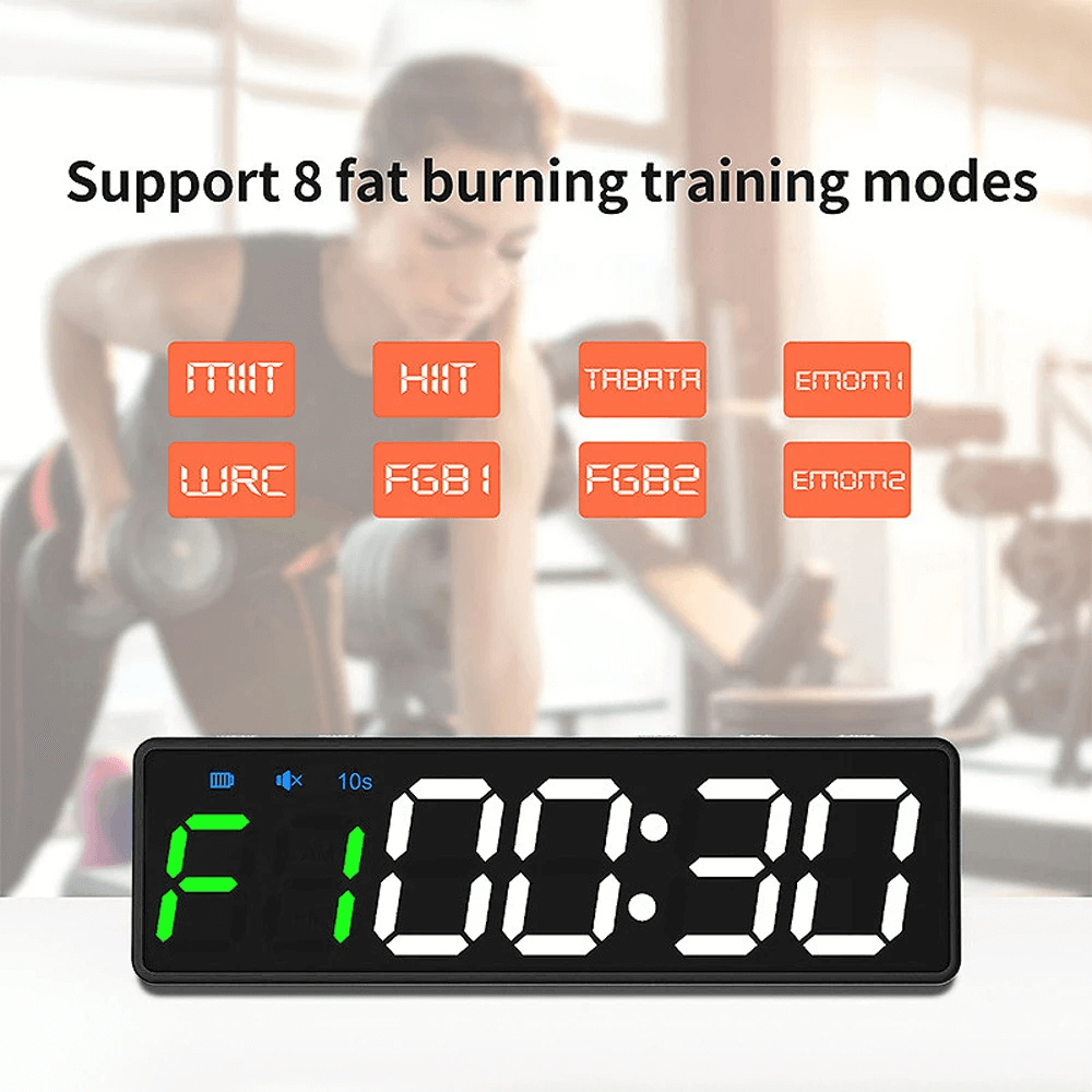 Digital countdown clock displaying workout modes and time for fitness training.