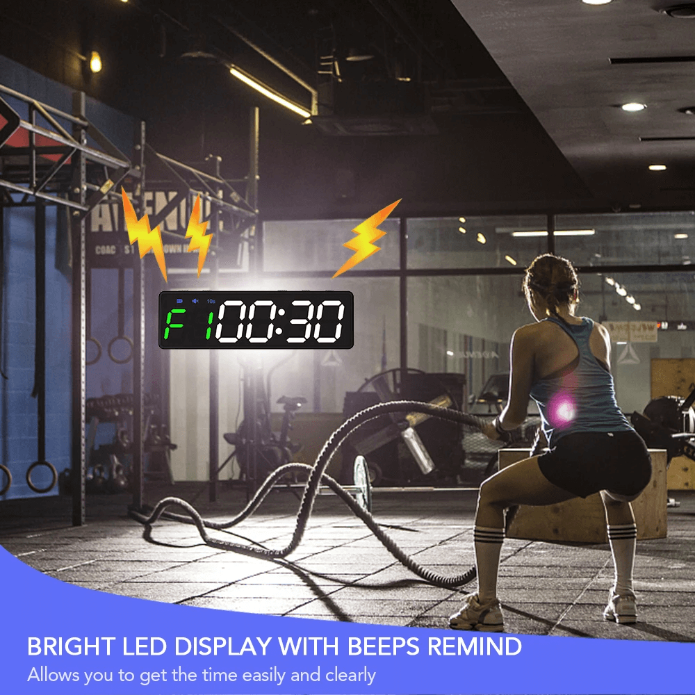 Gym workout with Digital Countdown Clock SF3080 displaying LED timer during interval training.