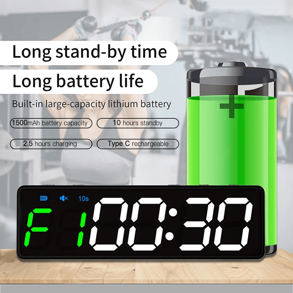LED interval timer SF3080 with large battery display, emphasizing long standby and battery life, perfect for gym workouts.