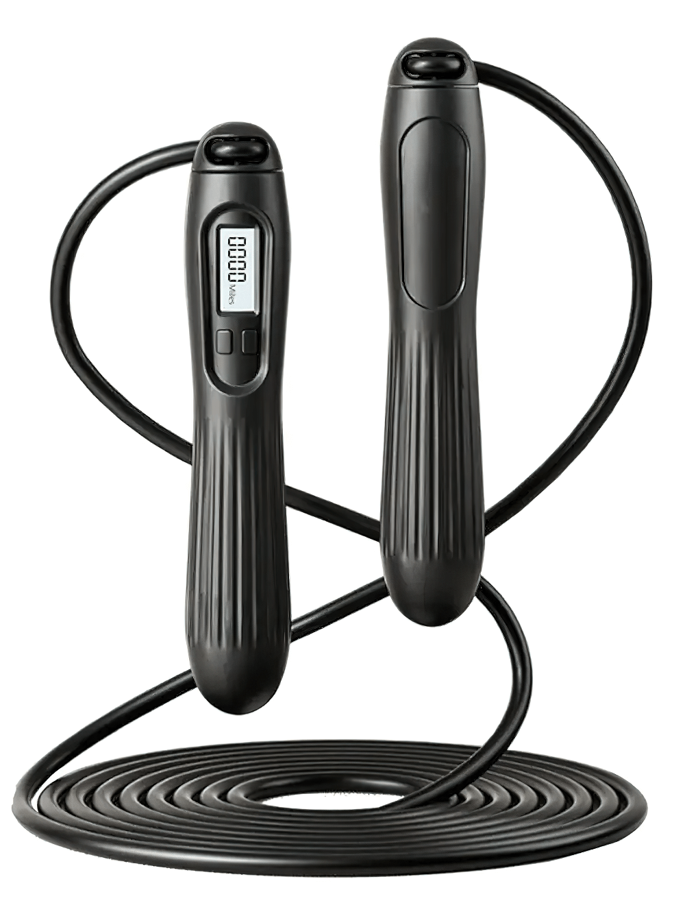 Digital counting jump rope with adjustable length and non-slip handles, featuring a built-in counter, ideal for fitness enthusiasts.