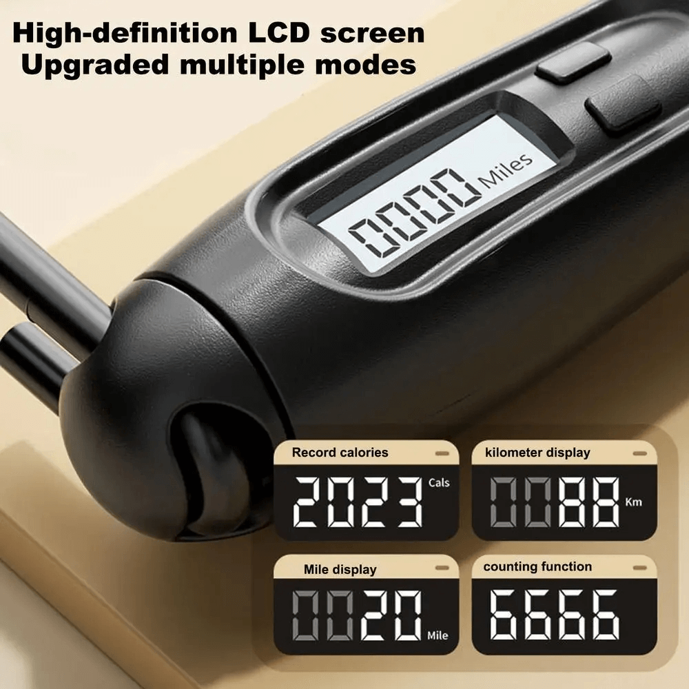 Close-up of digital counting adjustable jump rope handle with LCD display showing various tracking modes and features.