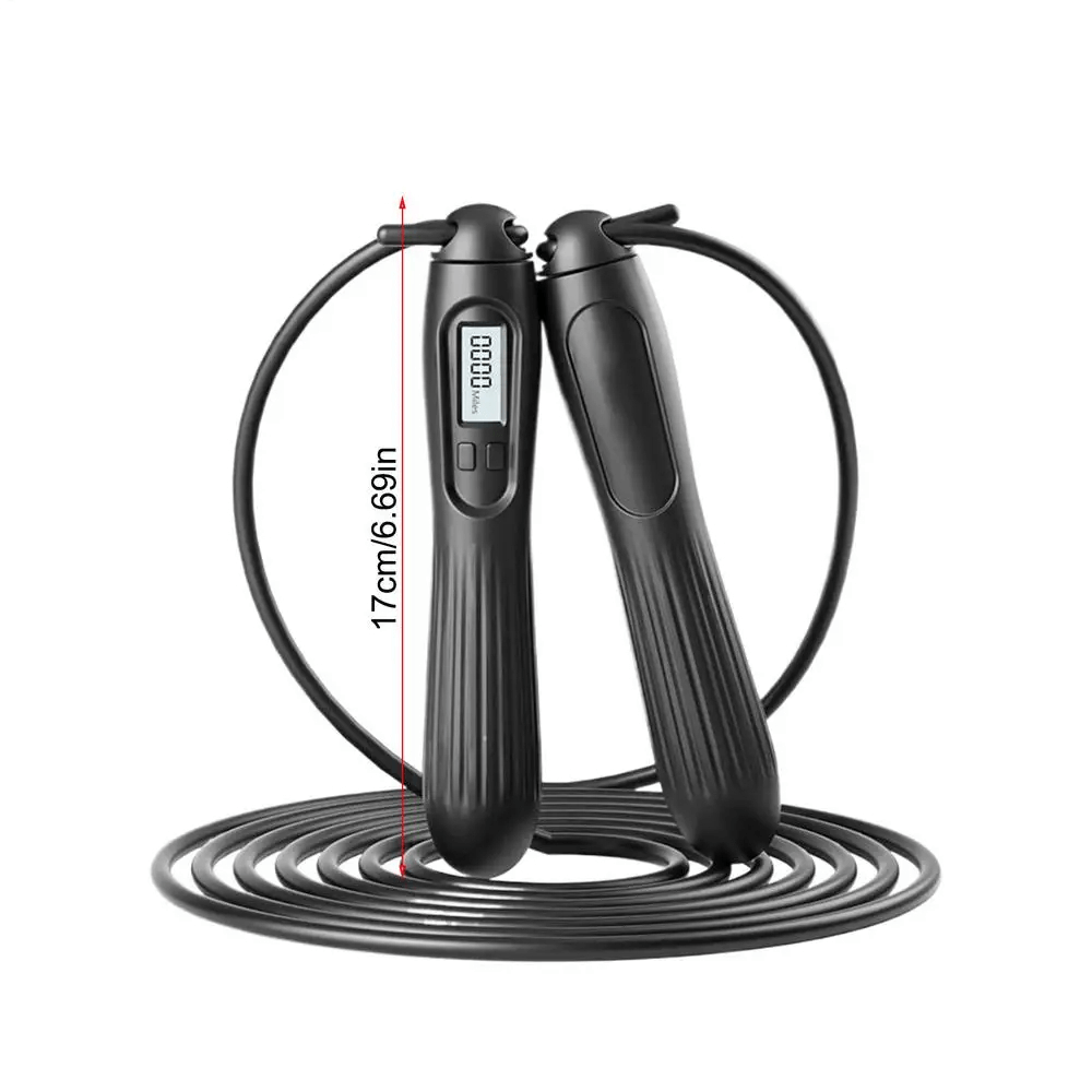Digital counting jump rope with adjustable length, anti-slip handles, and built-in counter, ideal for fitness enthusiasts.