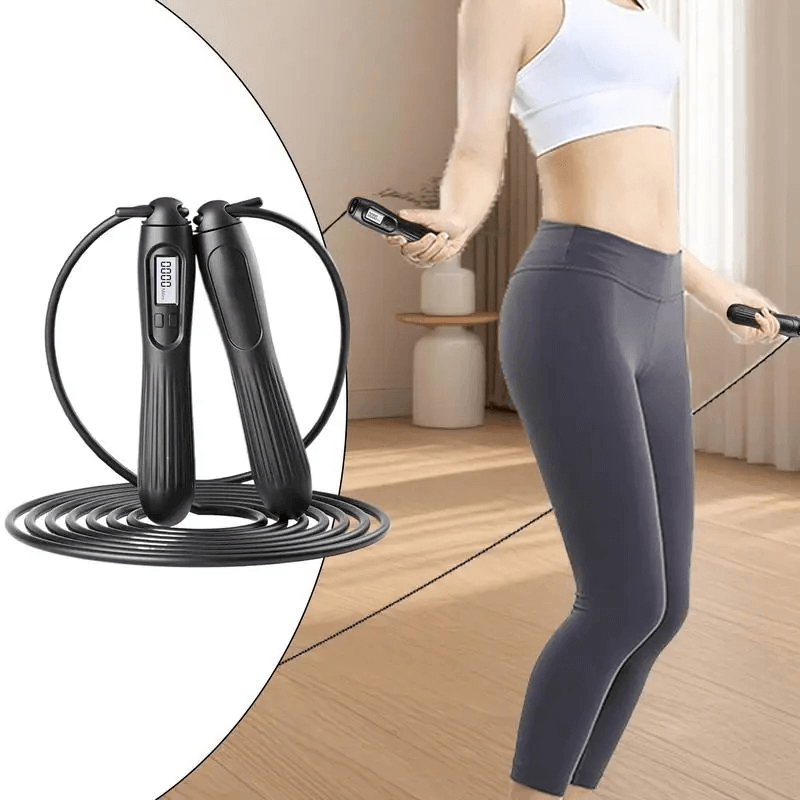 Woman using digital counting adjustable jump rope SF3192, featuring anti-slip handles, perfect for fitness and workout tracking.