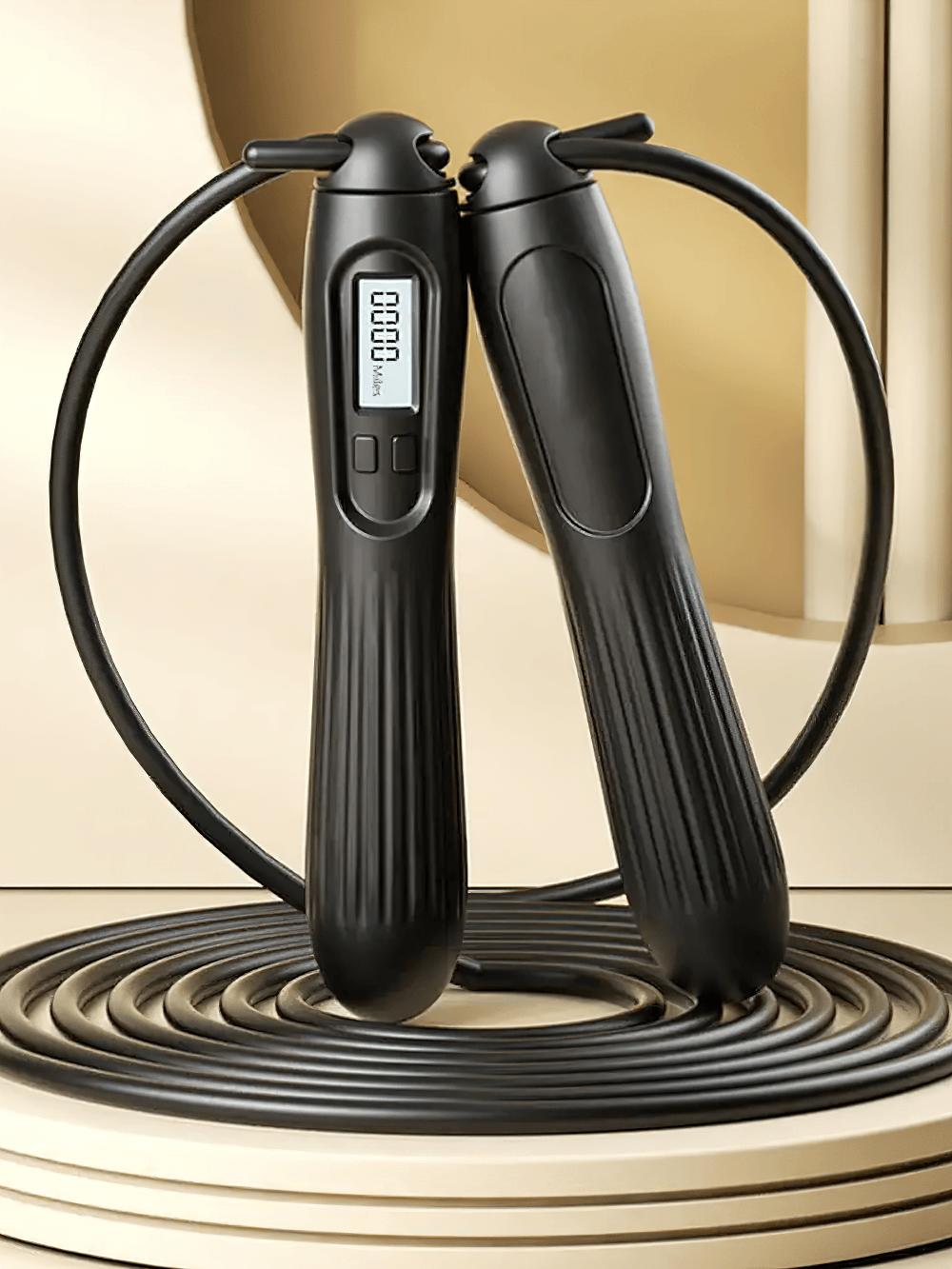 Digital counting jump rope with adjustable length and anti-slip handles on a stylish backdrop, perfect for fitness tracking.