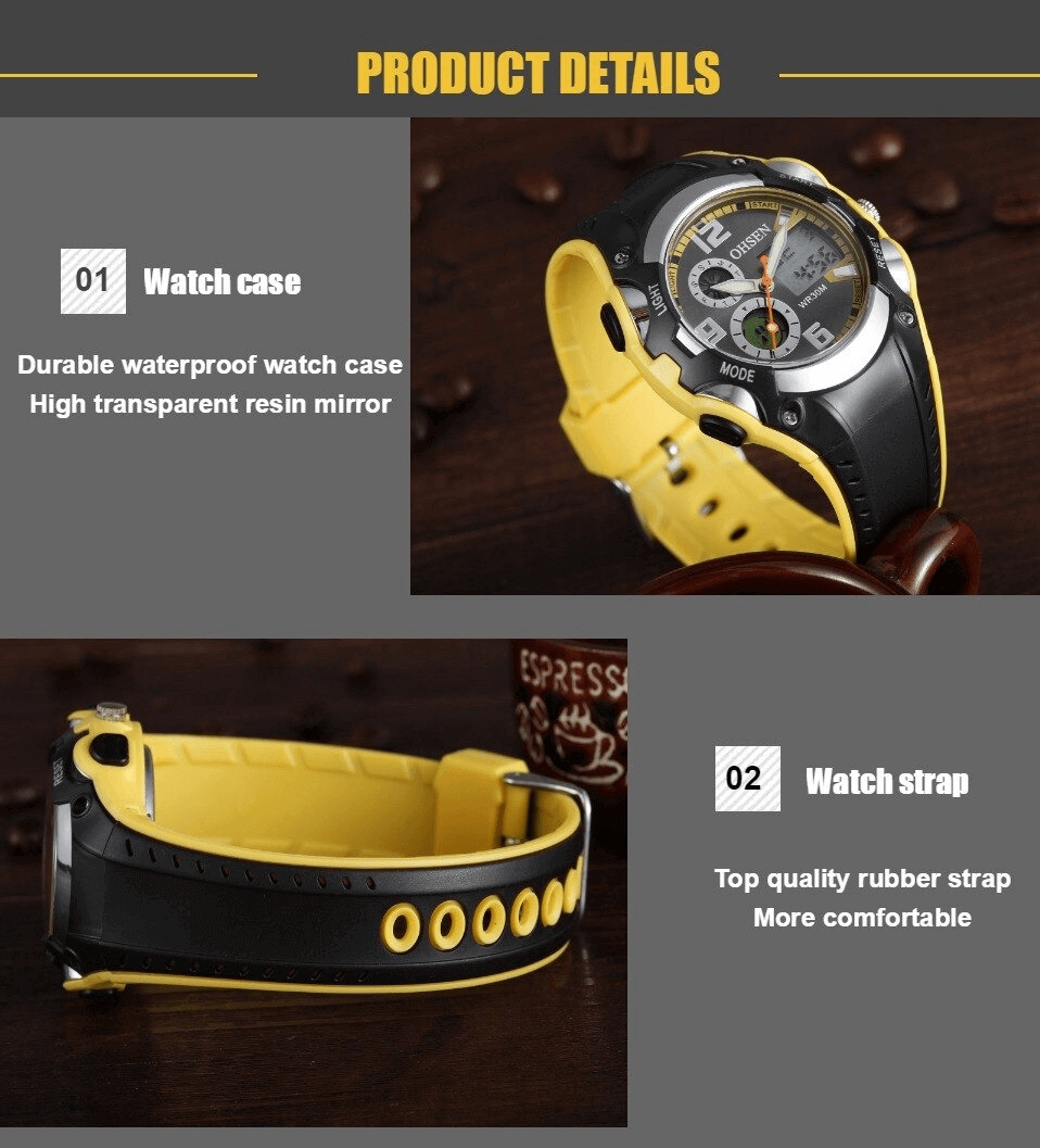 Stylish digital quartz wristwatch with yellow silicone band, featuring waterproof case and comfortable rubber strap, SF0436.