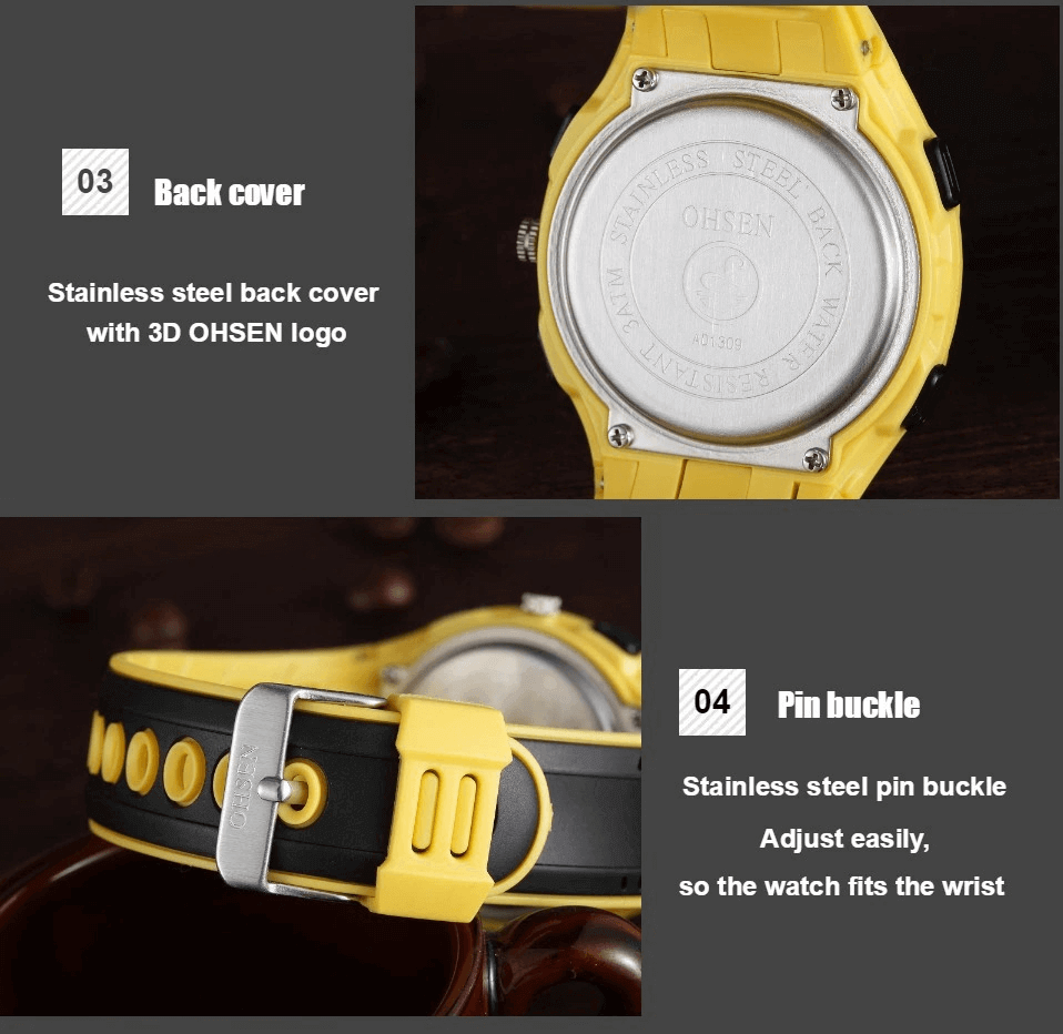 Close-up of a yellow wristwatch showing stainless steel back cover with 3D logo and adjustable pin buckle for a perfect fit.