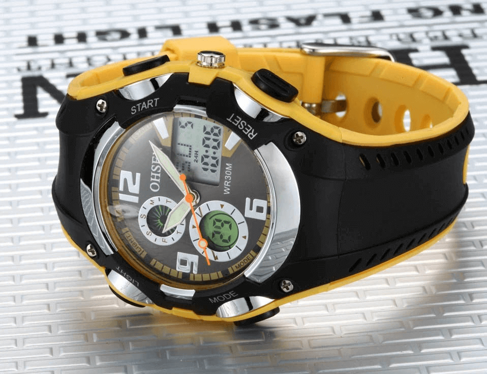 Stylish digital quartz unisex wristwatch with yellow and black silicone band, featuring LED display and multiple functions.