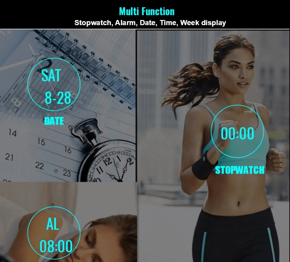 Alt Tag: Multi-function digital wristwatch features stopwatch, alarm, date, and time displays for active lifestyles.