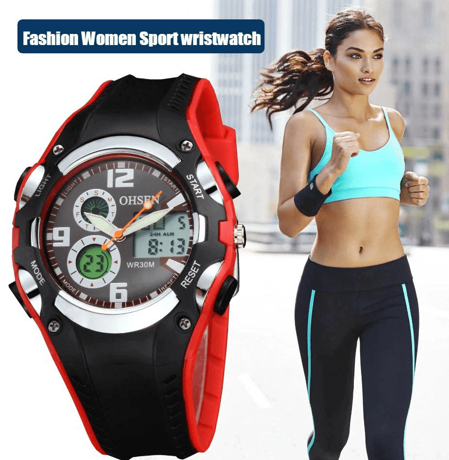 Sporty digital wristwatch with red and black silicone band alongside a woman jogging, showcasing its fitness lifestyle appeal.