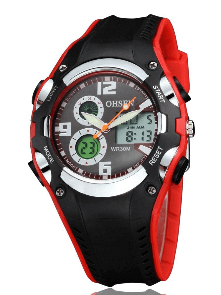 Digital Quartz Unisex Wristwatch with silicone band, waterproof, shock resistant, LED display, black and red design - SF0436