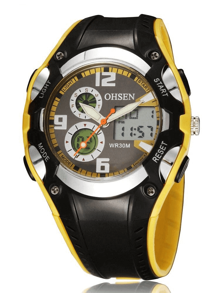 Stylish digital quartz wristwatch with black and yellow silicone band, featuring LED display and multiple time zones.