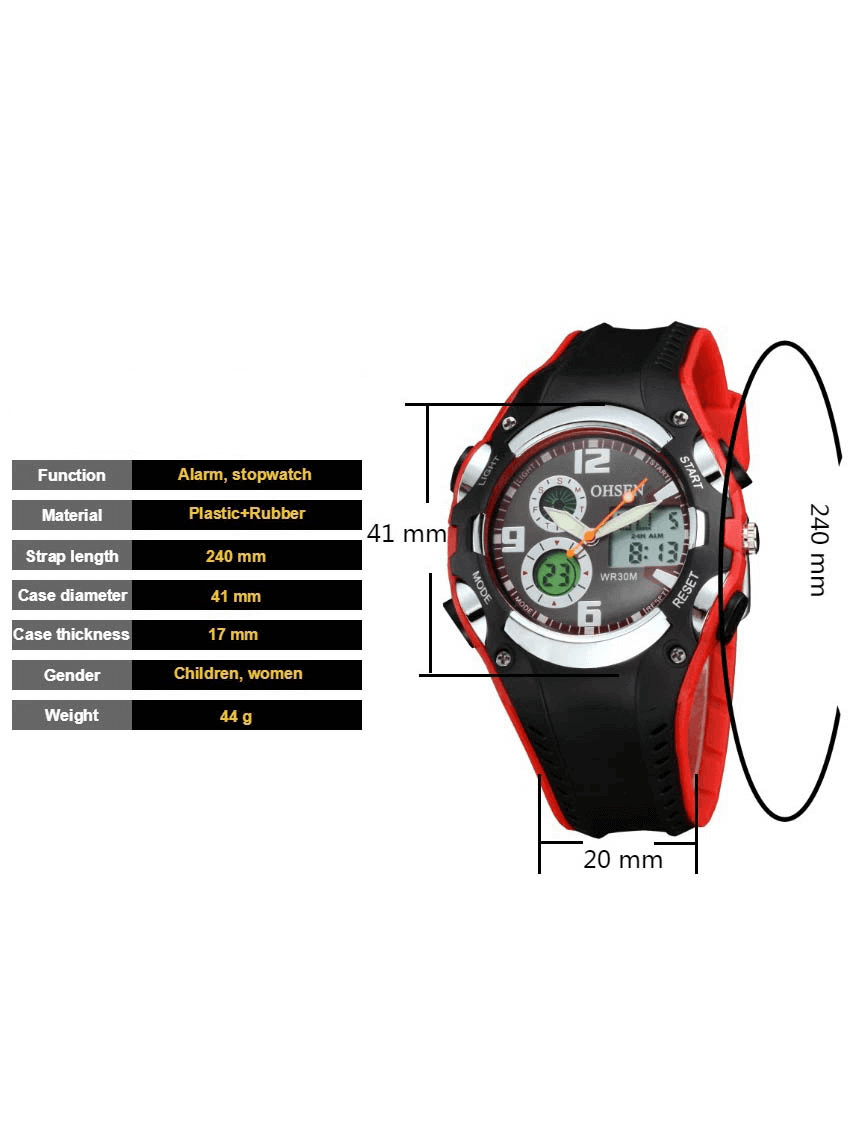 Digital Quartz Unisex Wristwatch with silicone band, waterproof 3Bar, LED display, 41mm dial, for easy timekeeping and style.